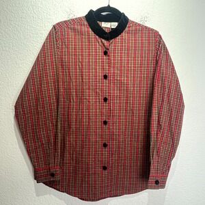 Norm Thompson Shirt Women 12 Red Multi Tartan Plaid Velvet Trim Button Front Top